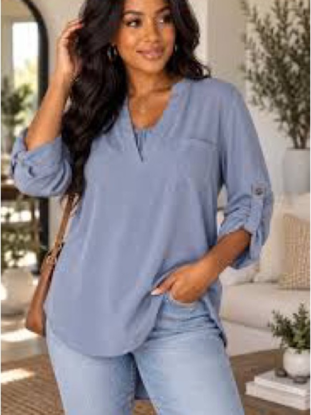 Light Blue V-Neck Long Sleeve Women's Top